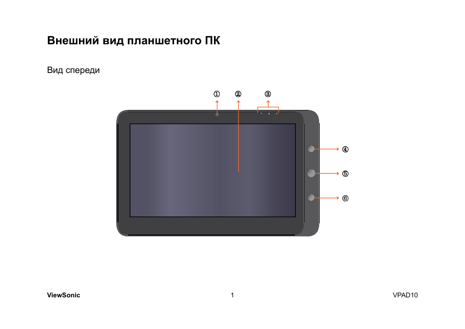 Внешний вид планшетного пк, Вид спереди | VIEWSONIC ViewPad 10 User Manual | Page 231 / 264