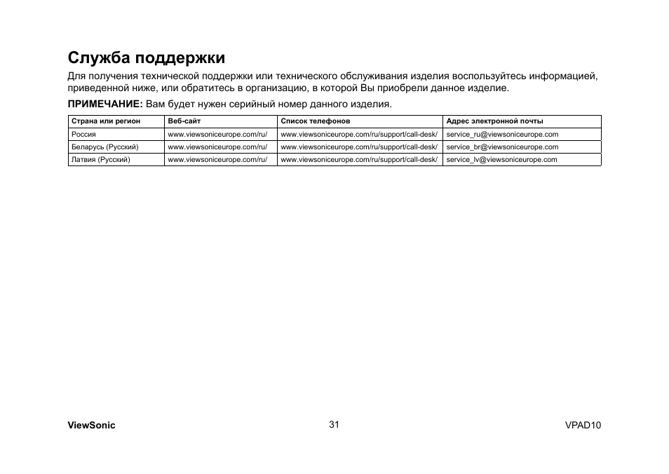 Служба поддержки | VIEWSONIC ViewPad 10 User Manual | Page 261 / 264