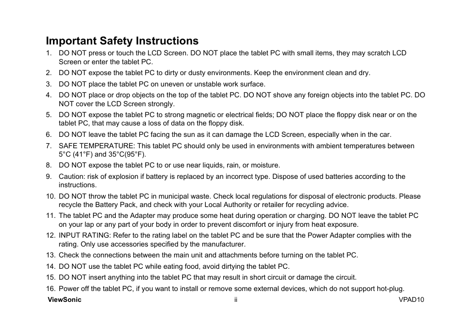 Important safety instructions | VIEWSONIC ViewPad 10 User Manual | Page 3 / 264