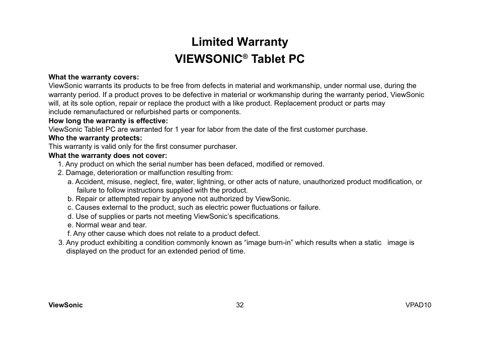 Limited warranty viewsonic, Tablet pc | VIEWSONIC ViewPad 10 User Manual | Page 42 / 264
