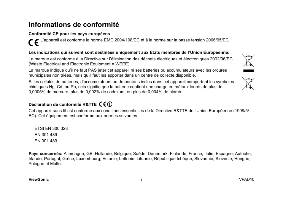 Informations de conformité | VIEWSONIC ViewPad 10 User Manual | Page 46 / 264