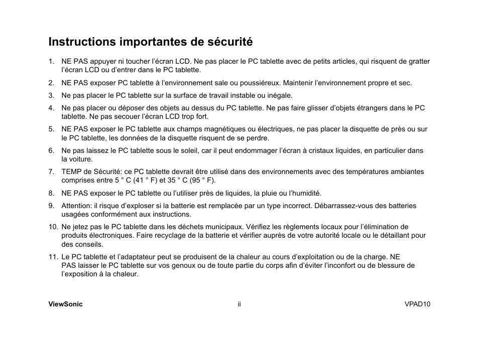 Instructions importantes de sécurité | VIEWSONIC ViewPad 10 User Manual | Page 47 / 264
