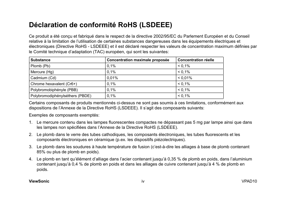 Déclaration de conformité rohs (lsdeee) | VIEWSONIC ViewPad 10 User Manual | Page 49 / 264