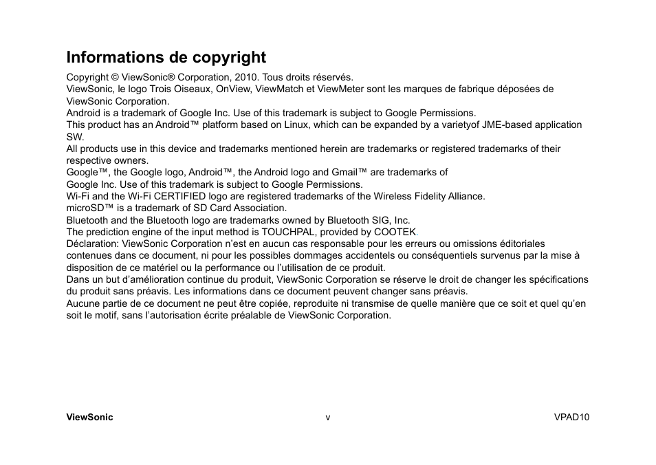 Informations de copyright | VIEWSONIC ViewPad 10 User Manual | Page 50 / 264