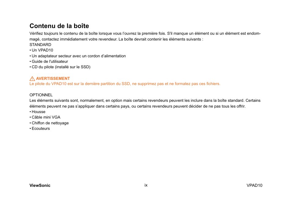 Contenu de la boîte | VIEWSONIC ViewPad 10 User Manual | Page 54 / 264