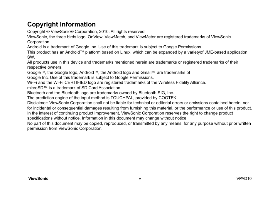 Copyright information | VIEWSONIC ViewPad 10 User Manual | Page 6 / 264