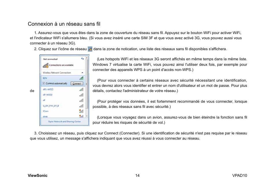Connexion à un réseau sans fil | VIEWSONIC ViewPad 10 User Manual | Page 68 / 264