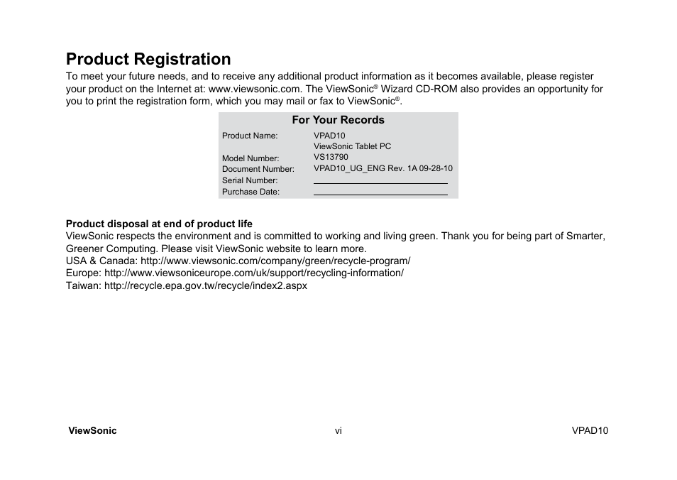 Product registration | VIEWSONIC ViewPad 10 User Manual | Page 7 / 264