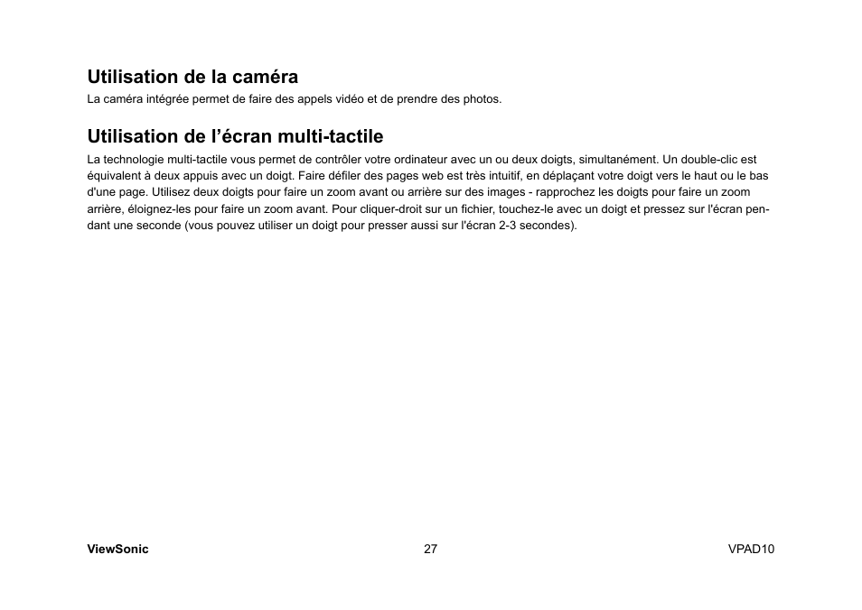 Utilisation de la caméra, Utilisation de l’écran multi-tactile | VIEWSONIC ViewPad 10 User Manual | Page 81 / 264
