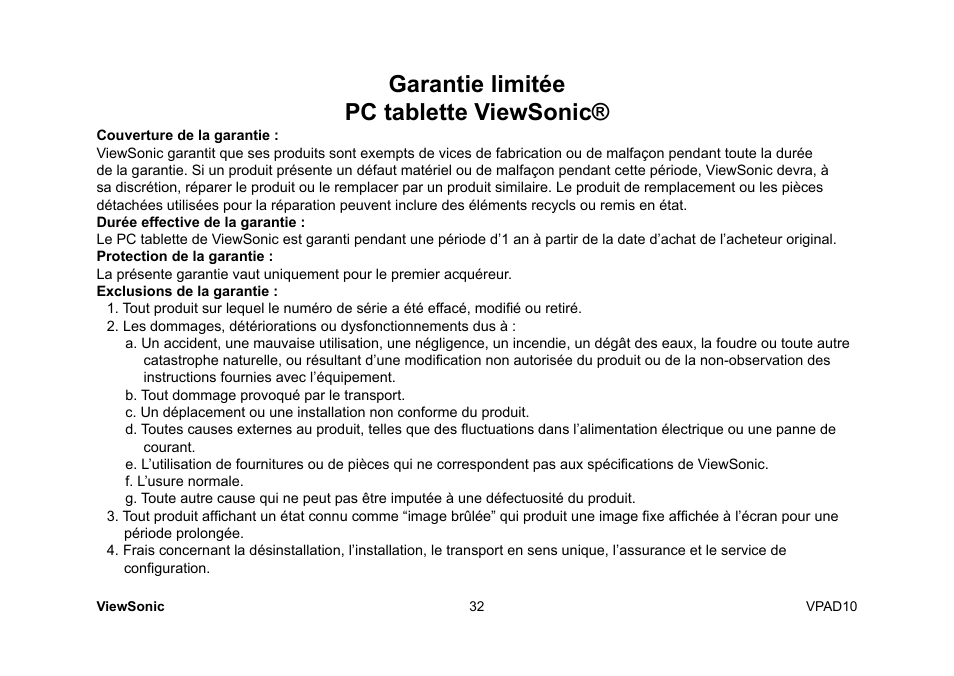 Garantie limitée pc tablette viewsonic | VIEWSONIC ViewPad 10 User Manual | Page 86 / 264