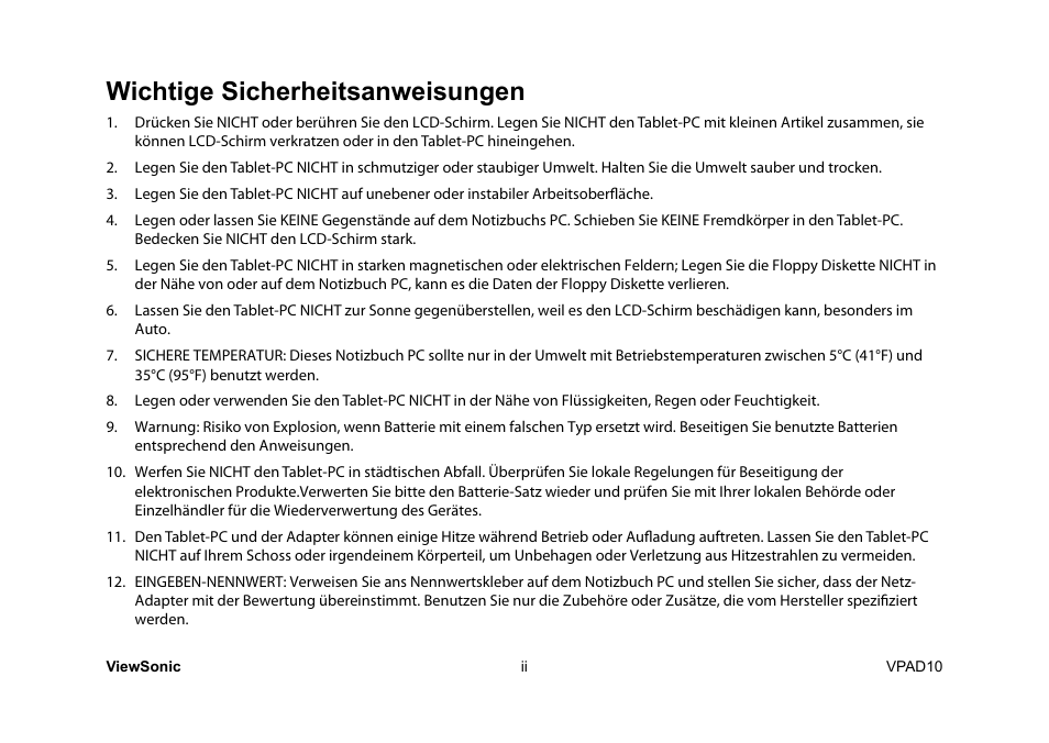 Wichtige sicherheitsanweisungen | VIEWSONIC ViewPad 10 User Manual | Page 91 / 264