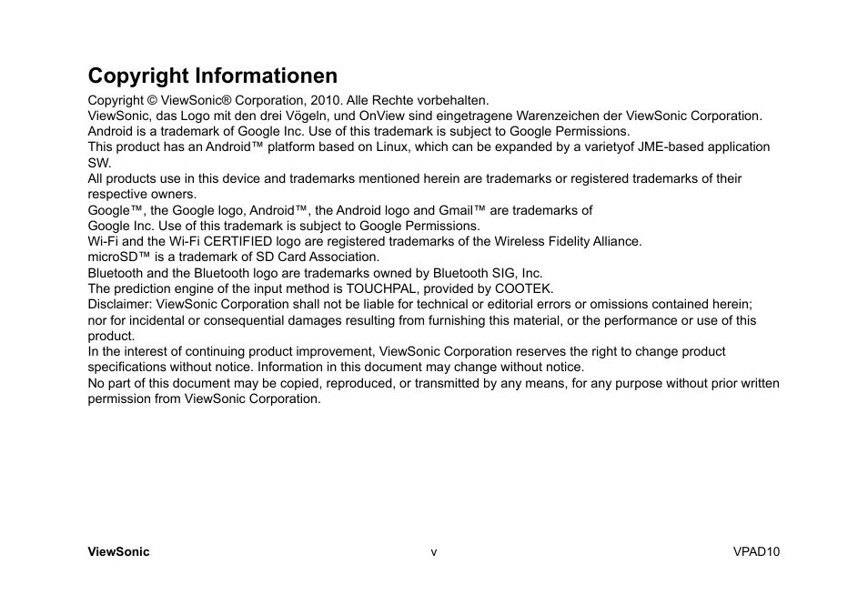 Copyright informationen | VIEWSONIC ViewPad 10 User Manual | Page 94 / 264