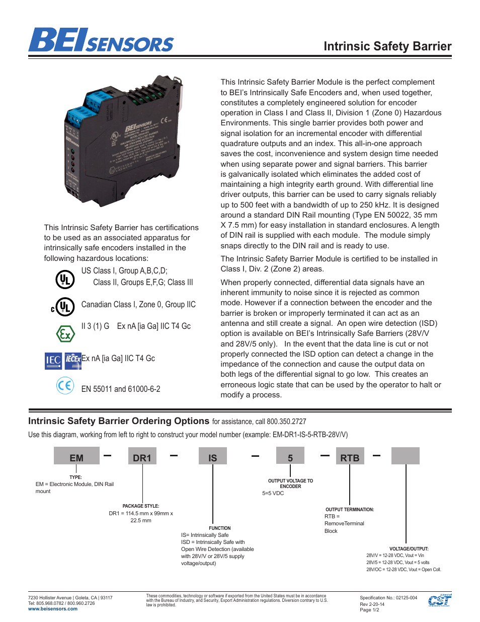 BEI Sensors Intrinsic Safety Barrier User Manual | 2 pages