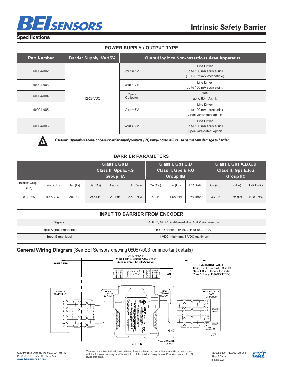 Intrinsic safety barrier, Specifications, General wiring diagram | Power supply / output type, Barrier parameters, Input to barrier from encoder | BEI Sensors Intrinsic Safety Barrier User Manual | Page 2 / 2