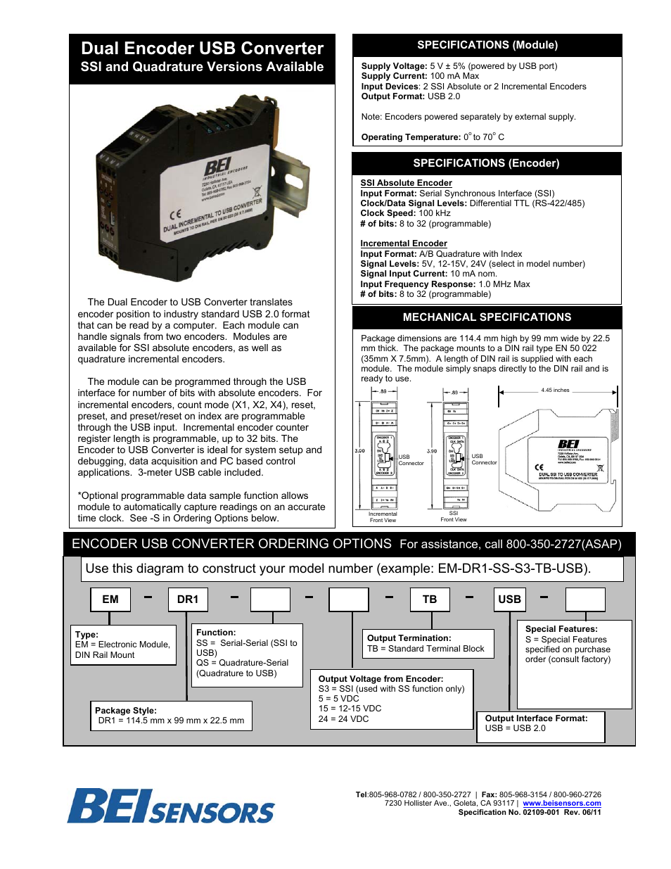 BEI Sensors Dual Encoder to USB Converter Module User Manual | 6 pages