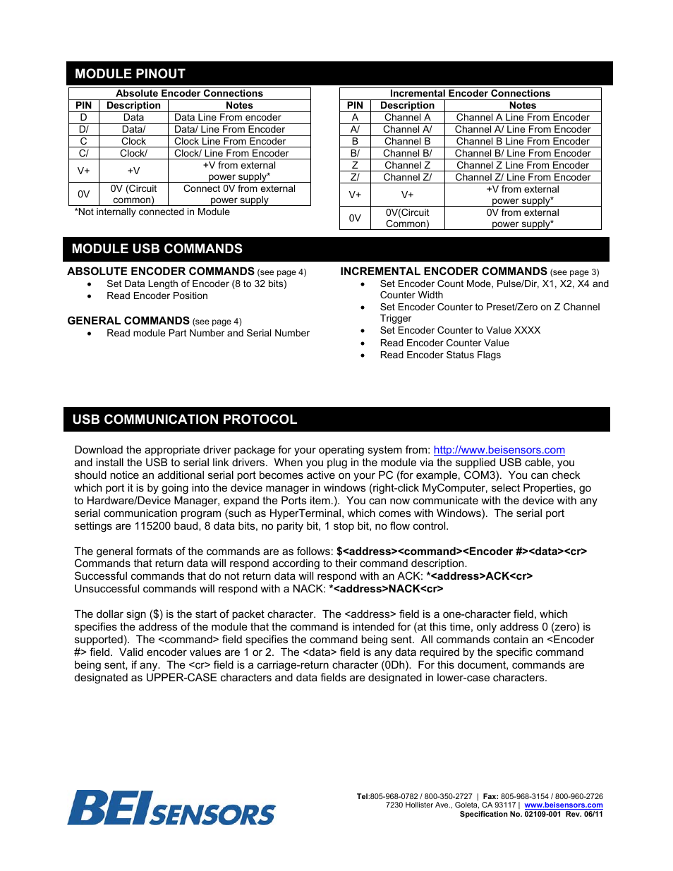 Module pinout module usb commands, Usb communication protocol | BEI Sensors Dual Encoder to USB Converter Module User Manual | Page 4 / 6