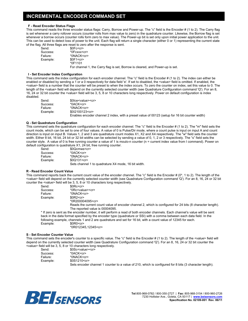 Incremental encoder command set | BEI Sensors Dual Encoder to USB Converter Module User Manual | Page 5 / 6