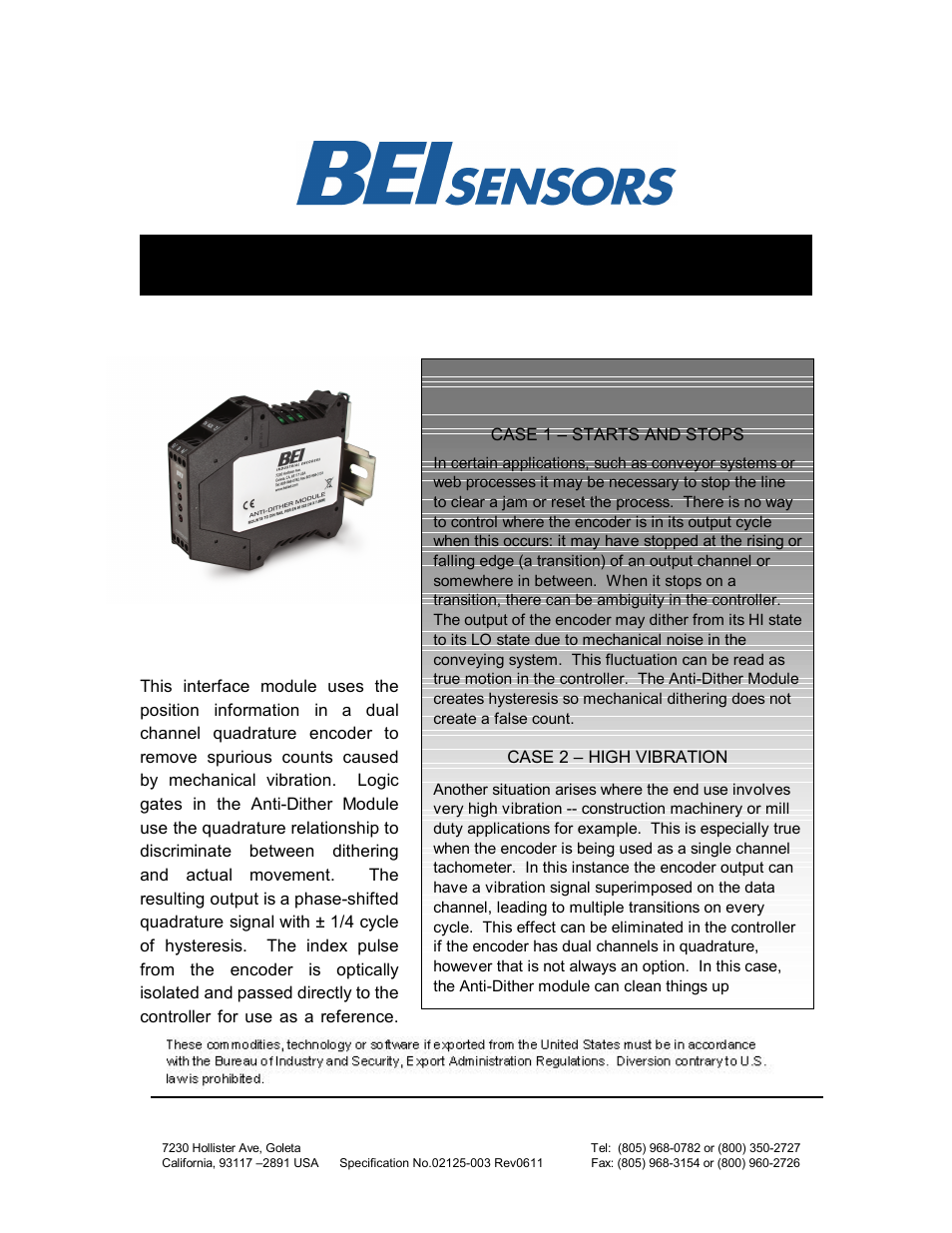 BEI Sensors Anti-Dither Module User Manual | 2 pages