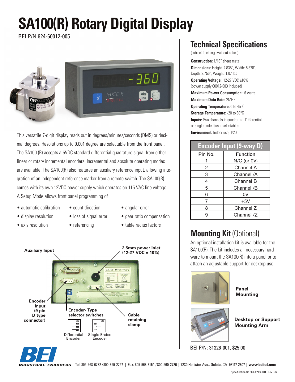 BEI Sensors SA100R Rotary Digital Display User Manual | 1 page