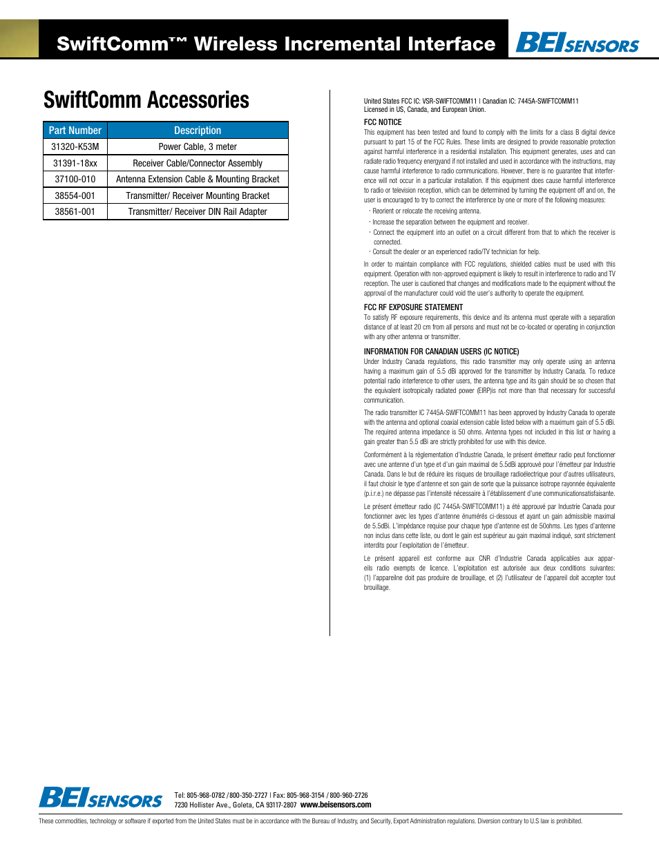 Swiftcomm accessories, Swiftcomm, Wireless incremental interface | BEI Sensors SwiftComm® Real-Time Wireless Encoder Interface User Manual | Page 3 / 3