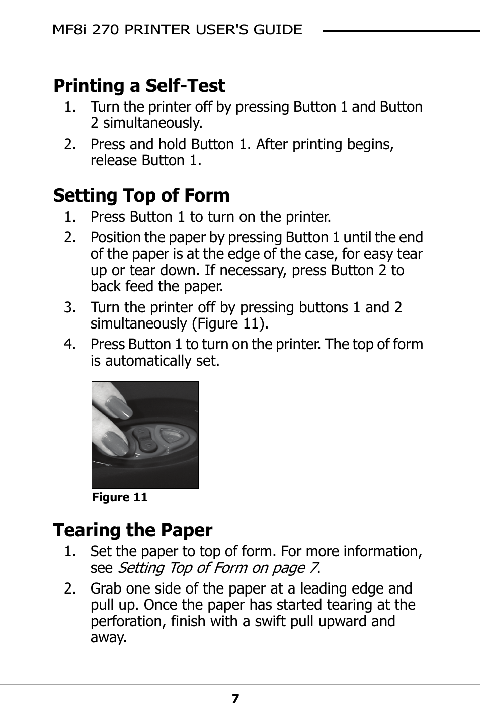 Printing a self-test, Setting top of form, Tearing the paper | Rmation, see, Setting | Datamax-O'Neil MF8I 270 User Guide User Manual | Page 10 / 20