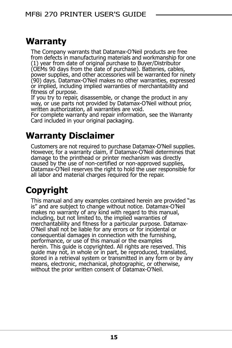 Warranty, Warranty disclaimer, Copyright | Datamax-O'Neil MF8I 270 User Guide User Manual | Page 18 / 20