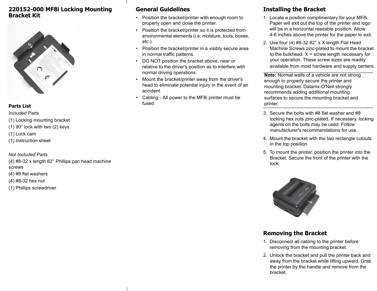 Datamax-O'Neil MF8I Locking Mounting Bracket User Manual | 2 pages