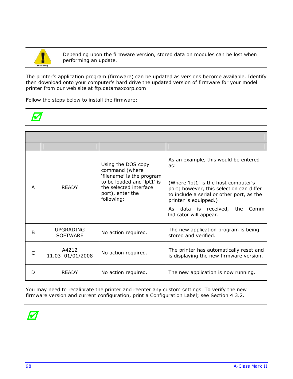 8 updating the firmware | Datamax-O'Neil A-Class Mark II Operator’s Manual User Manual | Page 108 / 160