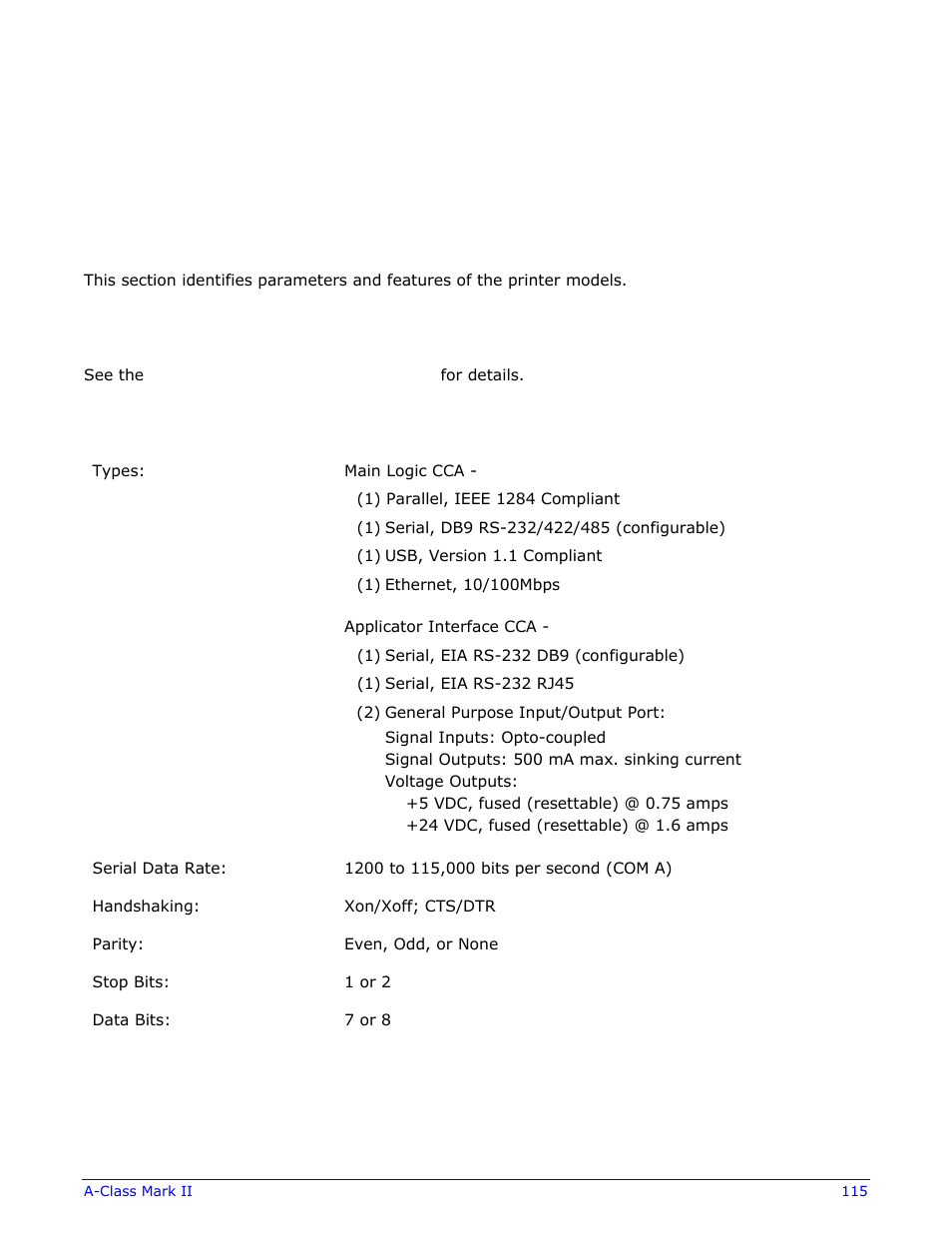 Specifications, 1 printer specifications | Datamax-O'Neil A-Class Mark II Operator’s Manual User Manual | Page 125 / 160