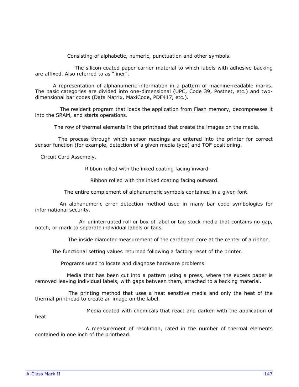Glossary | Datamax-O'Neil A-Class Mark II Operator’s Manual User Manual | Page 157 / 160
