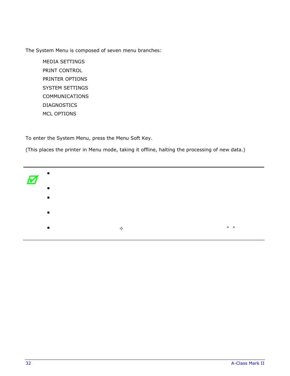 2 the system menu | Datamax-O'Neil A-Class Mark II Operator’s Manual User Manual | Page 42 / 160