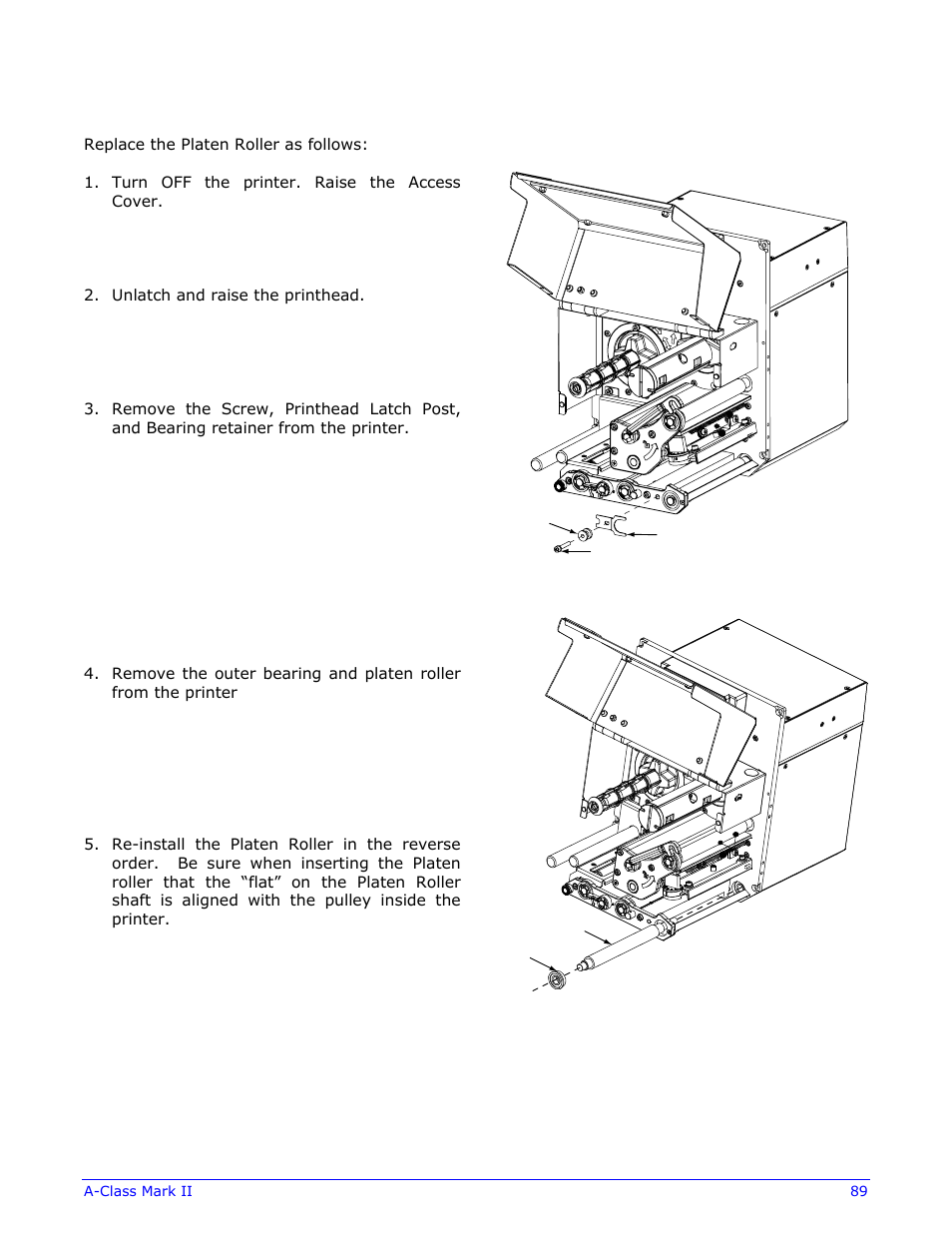 5 platen roller replacement | Datamax-O'Neil A-Class Mark II Operator’s Manual User Manual | Page 99 / 160