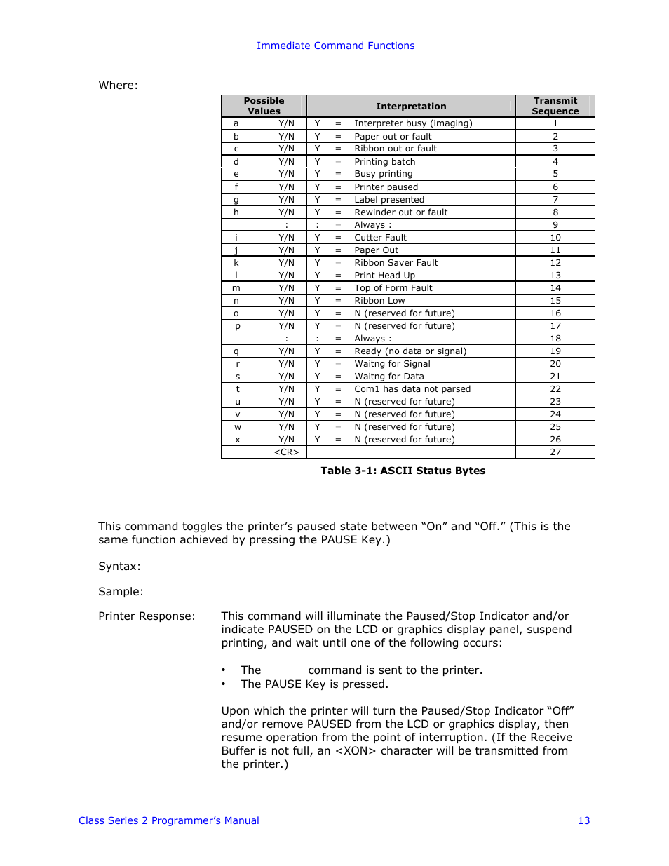 Soh b toggle pause | Datamax-O'Neil Class Series II Programmer’s Manual User Manual | Page 27 / 334