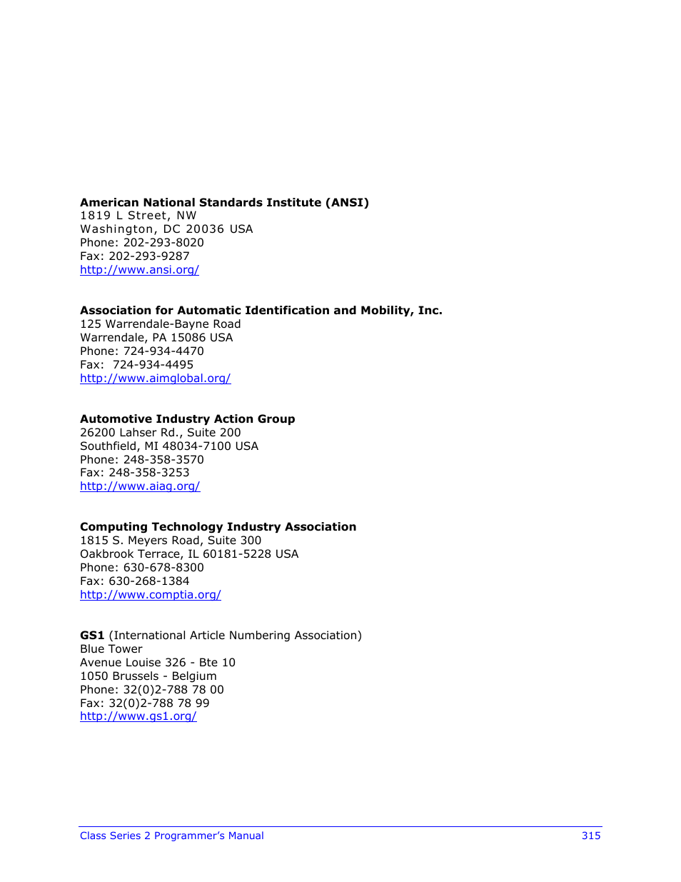 Appendix v, Bar code symbology information resources | Datamax-O'Neil Class Series II Programmer’s Manual User Manual | Page 329 / 334