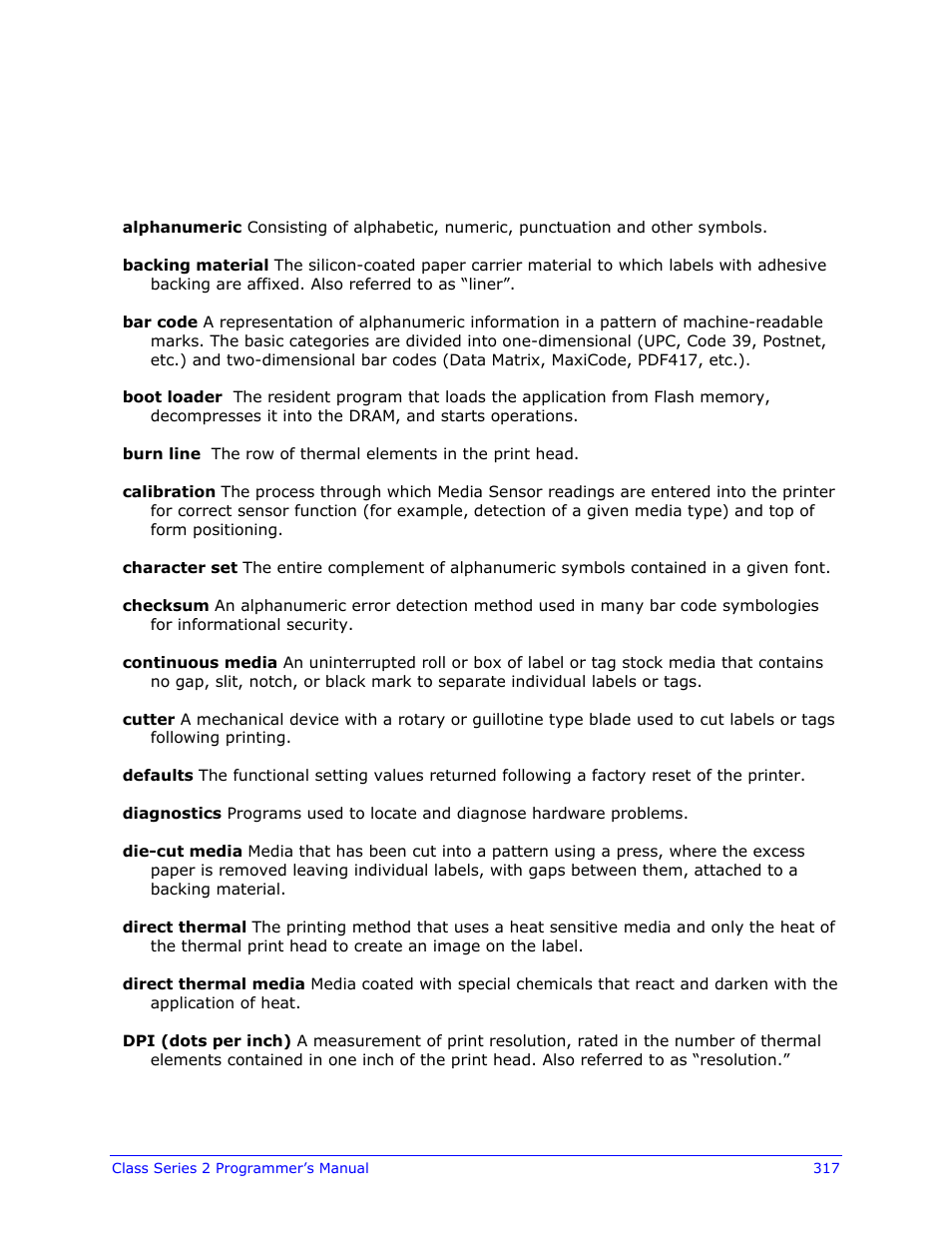 Glossary | Datamax-O'Neil Class Series II Programmer’s Manual User Manual | Page 331 / 334