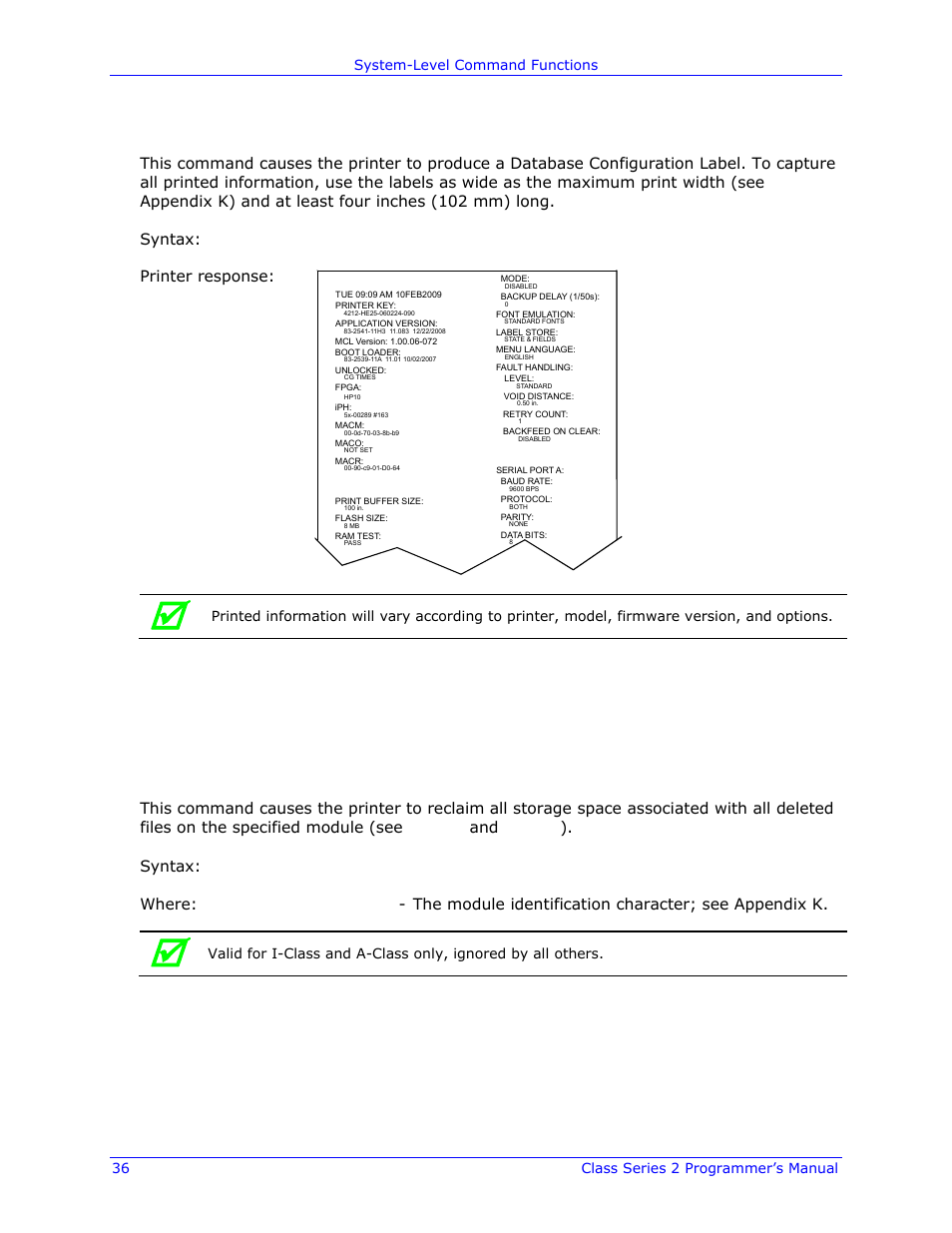 Stx z print configuration label, Stx z pack module, Printer response | Datamax-O'Neil Class Series II Programmer’s Manual User Manual | Page 50 / 334