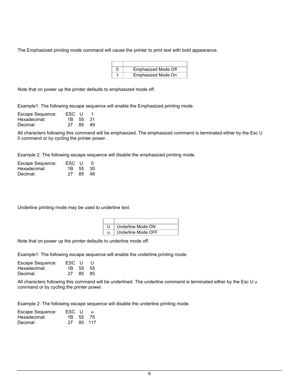 Character attributes, Emphasized printing mode esc u n, Underline printing mode esc u n | Datamax-O'Neil APEX Series Programmer’s Manual User Manual | Page 12 / 67