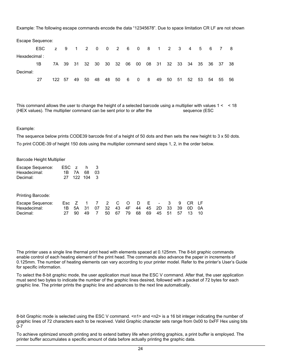 Graphics, Barcode height multiplier esc z h n, Bit graphics esc v n1 n2 data | Datamax-O'Neil APEX Series Programmer’s Manual User Manual | Page 30 / 67