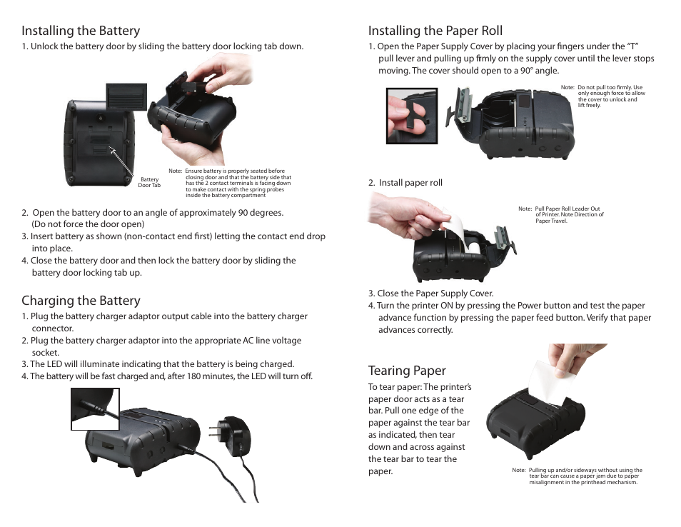 Installing the paper roll, Installing the battery, Charging the battery | Tearing paper | Datamax-O'Neil APEX 3 Quick Start Guide User Manual | Page 2 / 2