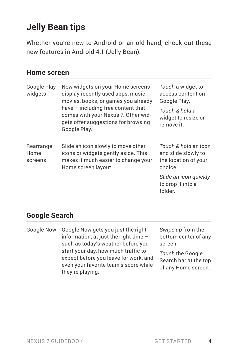 Jelly bean tips, Home screen, Google search | Asus Nexus 7 User Manual | Page 10 / 106