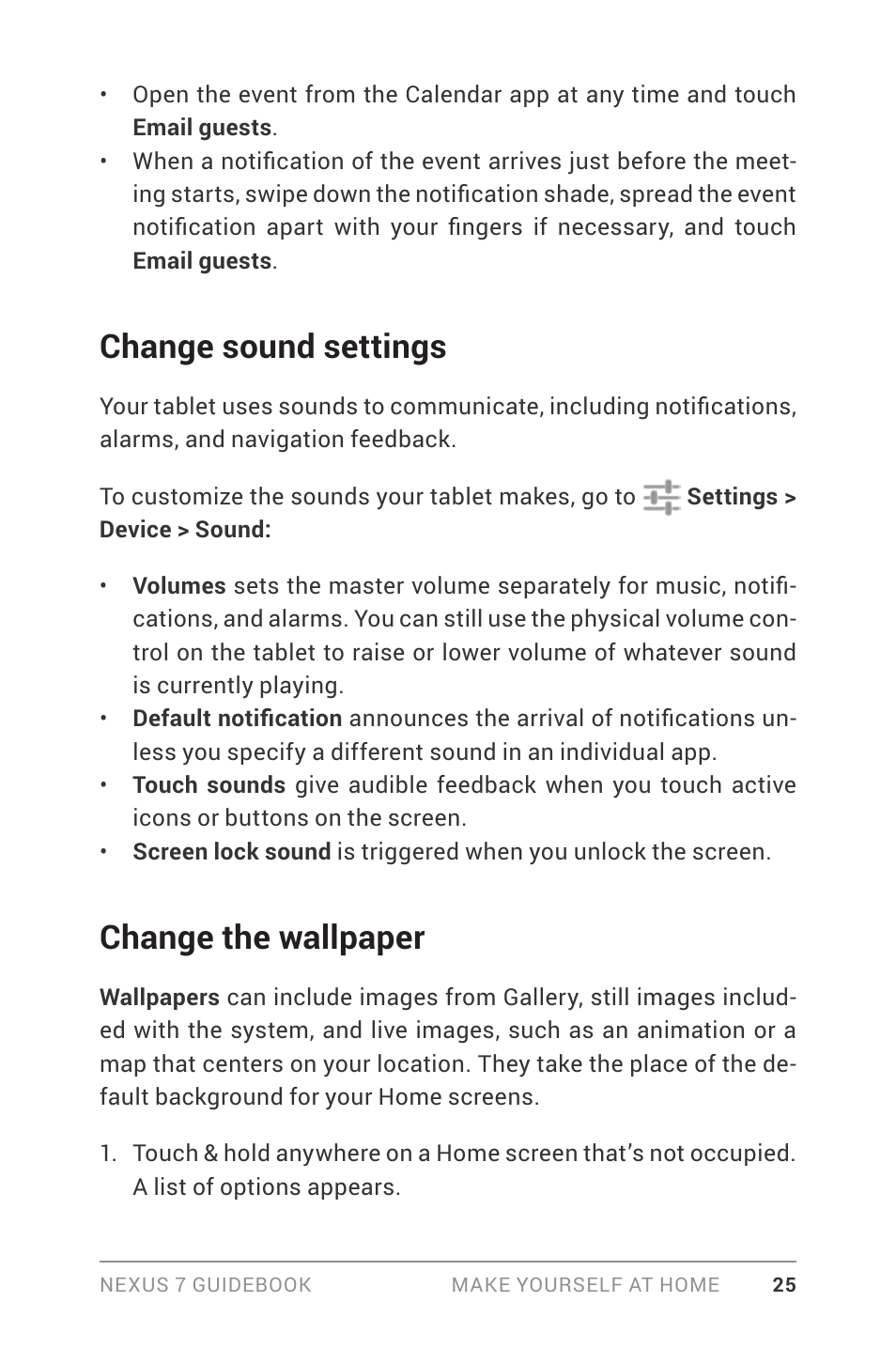 Change sound settings, Change the wallpaper | Asus Nexus 7 User Manual | Page 31 / 106