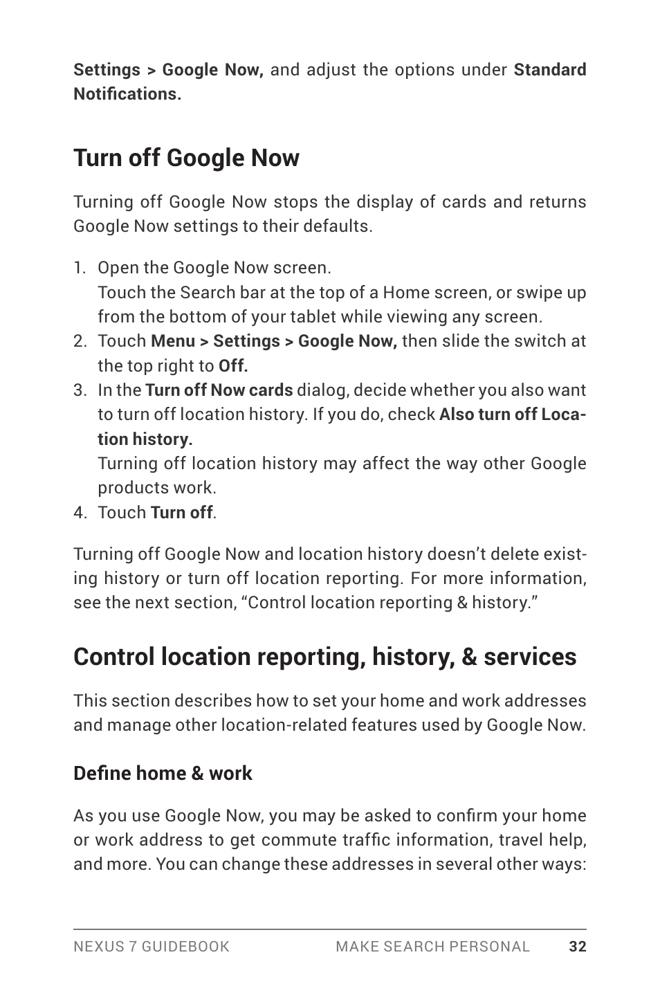 Turn off google now, Control location reporting, history, & services | Asus Nexus 7 User Manual | Page 38 / 106