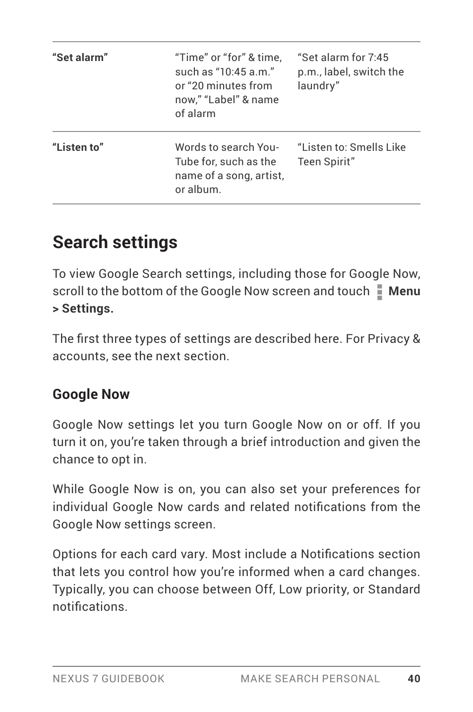 Search settings, Google now | Asus Nexus 7 User Manual | Page 46 / 106