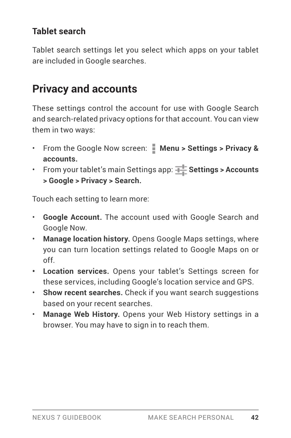 Privacy and accounts | Asus Nexus 7 User Manual | Page 48 / 106