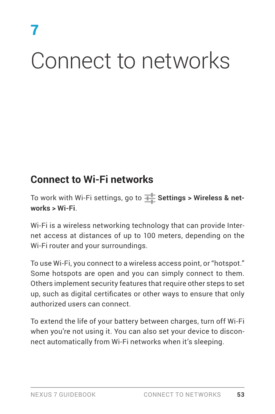 Connect to networks, Connect to wi-fi networks | Asus Nexus 7 User Manual | Page 59 / 106