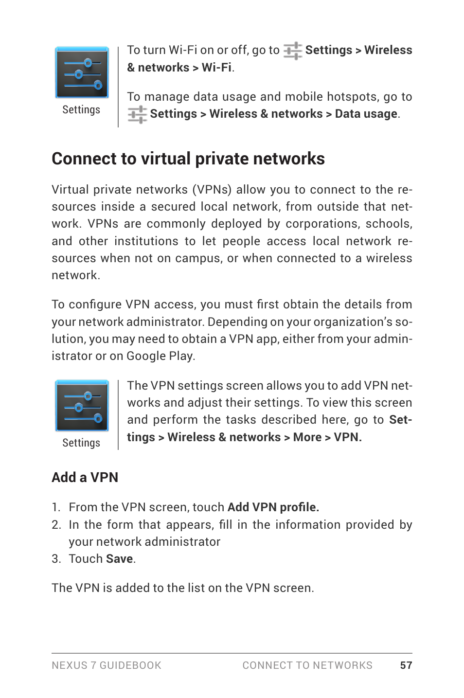 Connect to virtual private networks | Asus Nexus 7 User Manual | Page 63 / 106