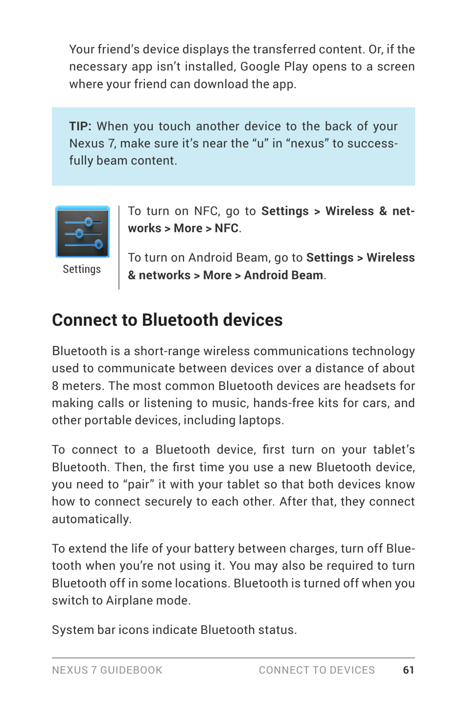 Connect to bluetooth devices | Asus Nexus 7 User Manual | Page 67 / 106