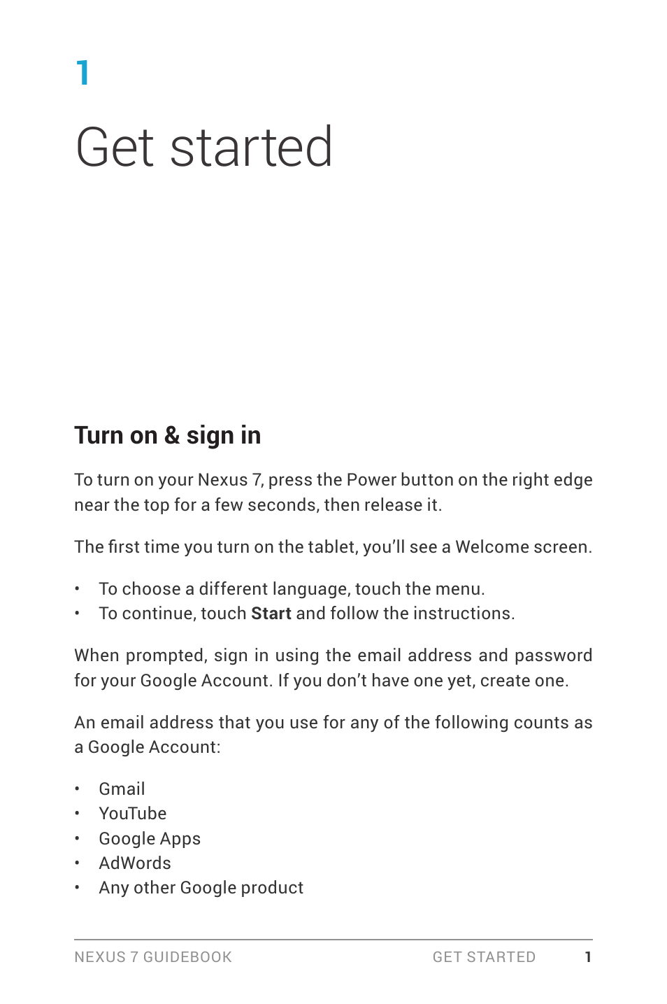 Get started, Turn on & sign in | Asus Nexus 7 User Manual | Page 7 / 106