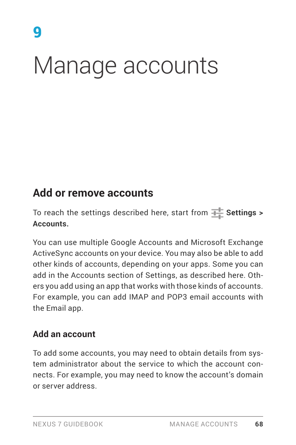 Manage accounts, Add or remove accounts | Asus Nexus 7 User Manual | Page 74 / 106