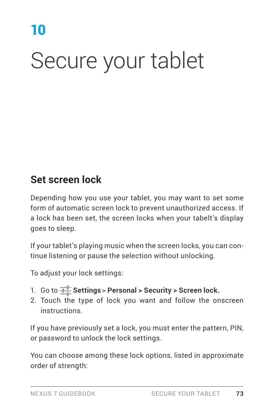 Secure your tablet, Set screen lock | Asus Nexus 7 User Manual | Page 79 / 106